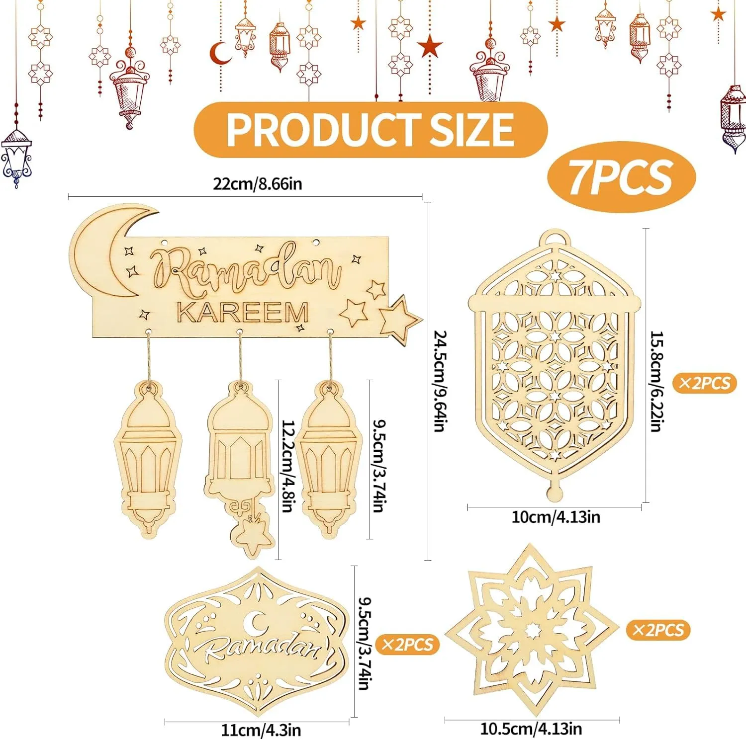 American Elm 7 Pcs Eid Mubarak Wooden Ramadan Kareem Wooden Pendants Ornament Star Wind Light Shape Hanging