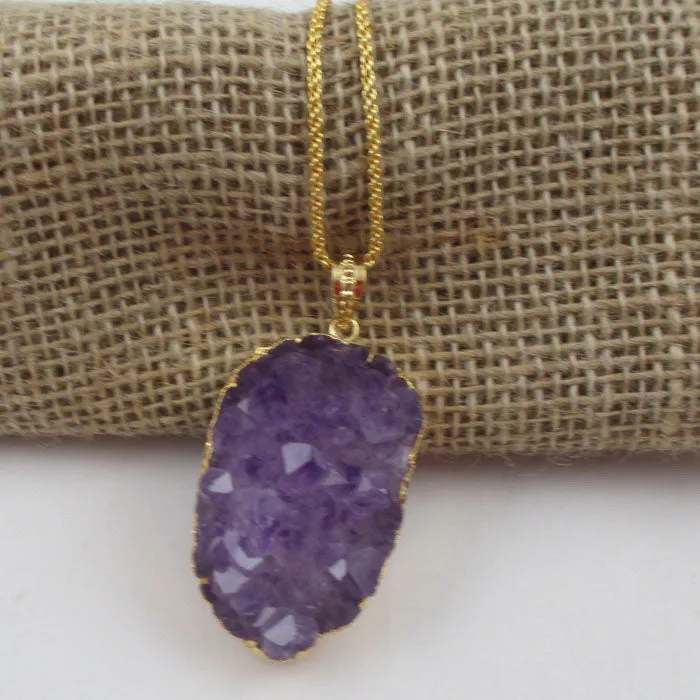 Amethyst Druzy Crystal Quartz Pendant On Gold Chain Necklace