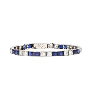 Art Deco French Platinum Natural No Heat Sapphire Old European Diamond Bracelet