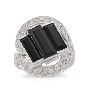 Art Deco Onyx Diamond Platinum Three Stone Ring