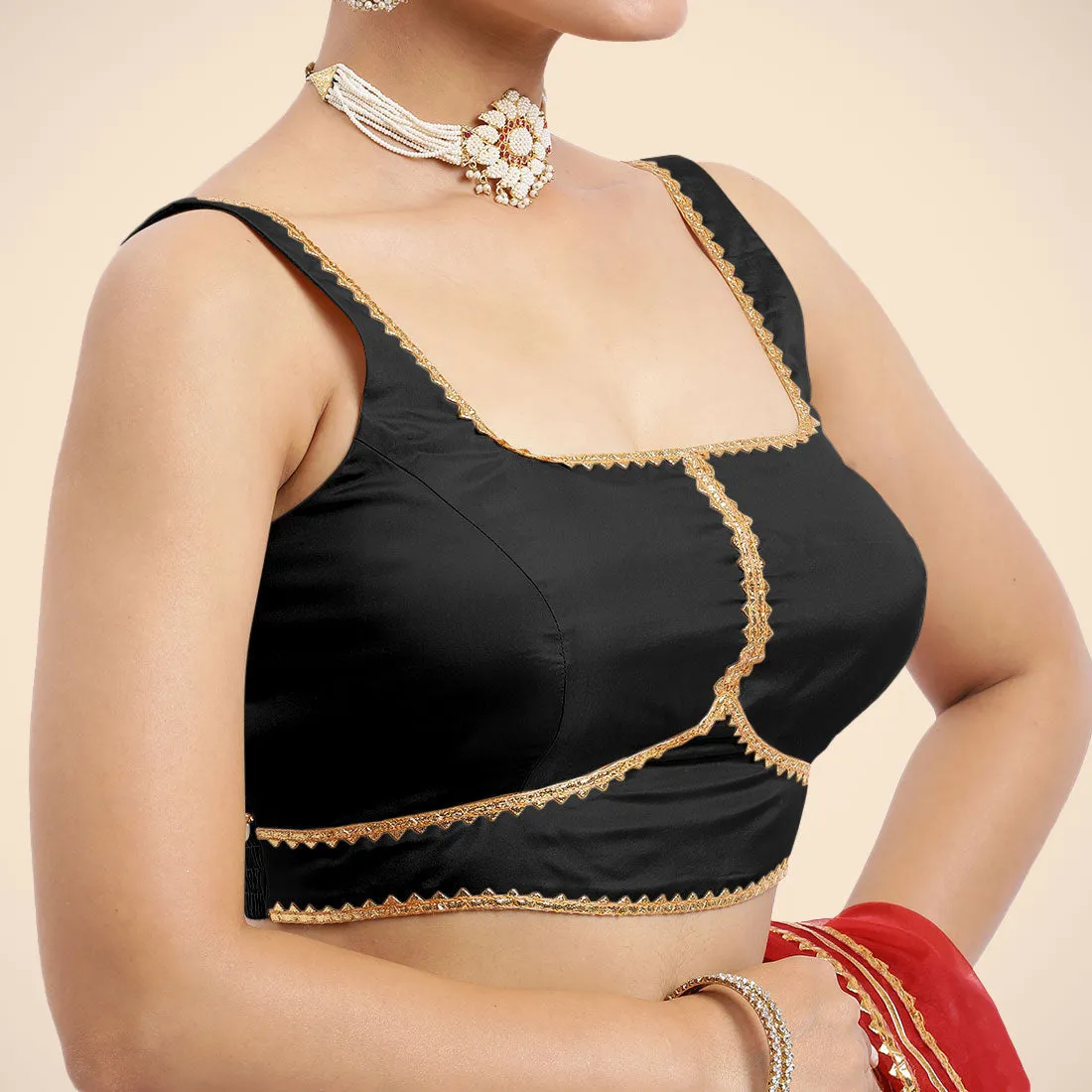 Arya x Tyohaar | Charcoal Black Sleeveless FlexiFit™ Saree Blouse with Square Neck and Back Window Embeliished with Golden Gota and Pearl Lace