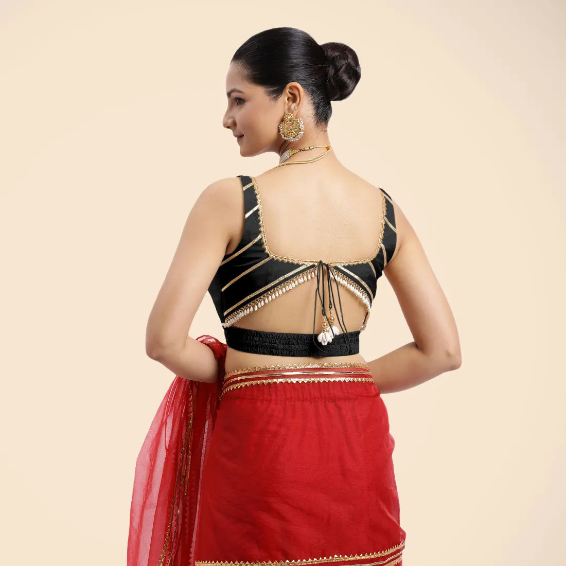 Arya x Tyohaar | Charcoal Black Sleeveless FlexiFit™ Saree Blouse with Square Neck and Back Window Embeliished with Golden Gota and Pearl Lace