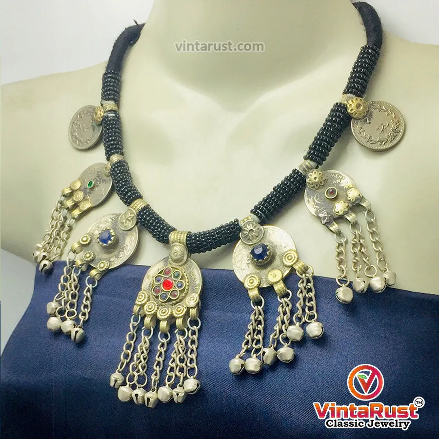 Black Beaded Necklace With Dangling Coins Pendants