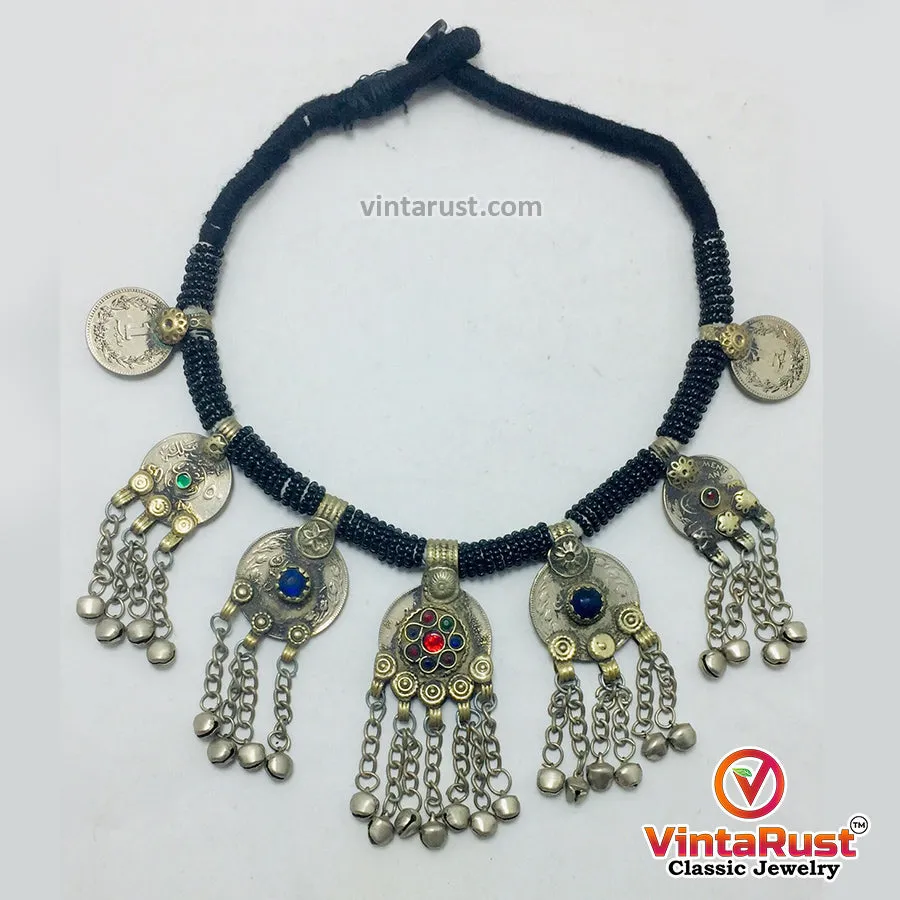 Black Beaded Necklace With Dangling Coins Pendants