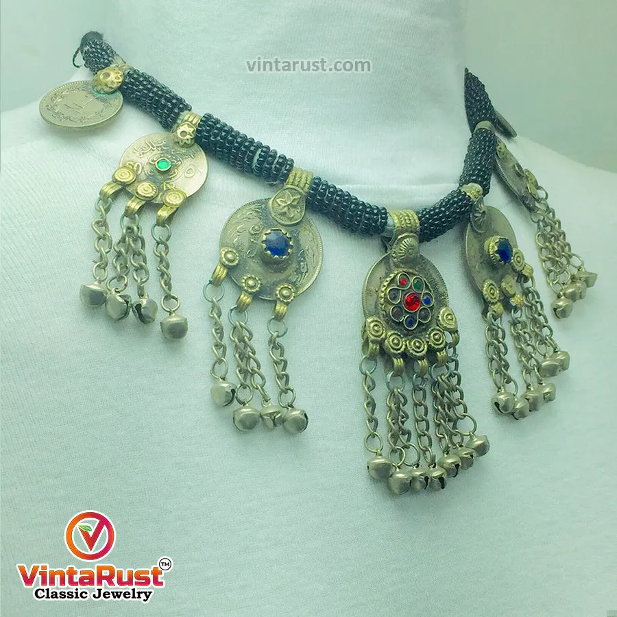 Black Beaded Necklace With Dangling Coins Pendants