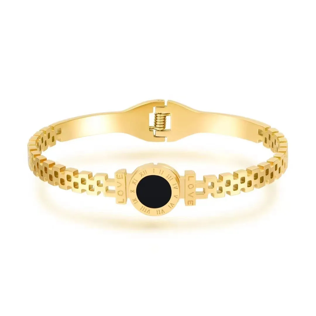 Black Onyx Roman Numeral Cuff Bangle Bracelet Stainless Steel, 17cm