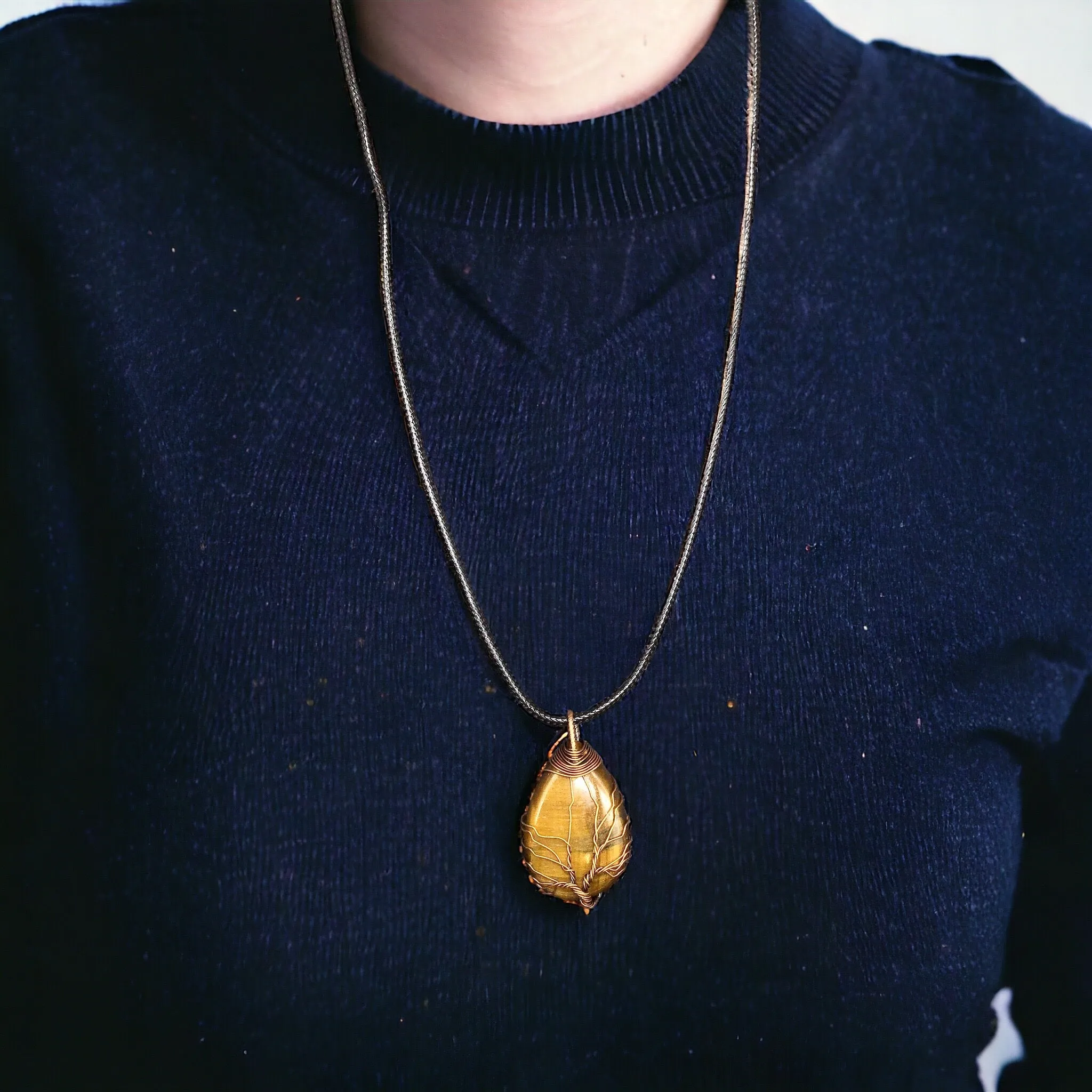 Brown Gemstone Pendant Wrapped w/ Gold Tree of Life