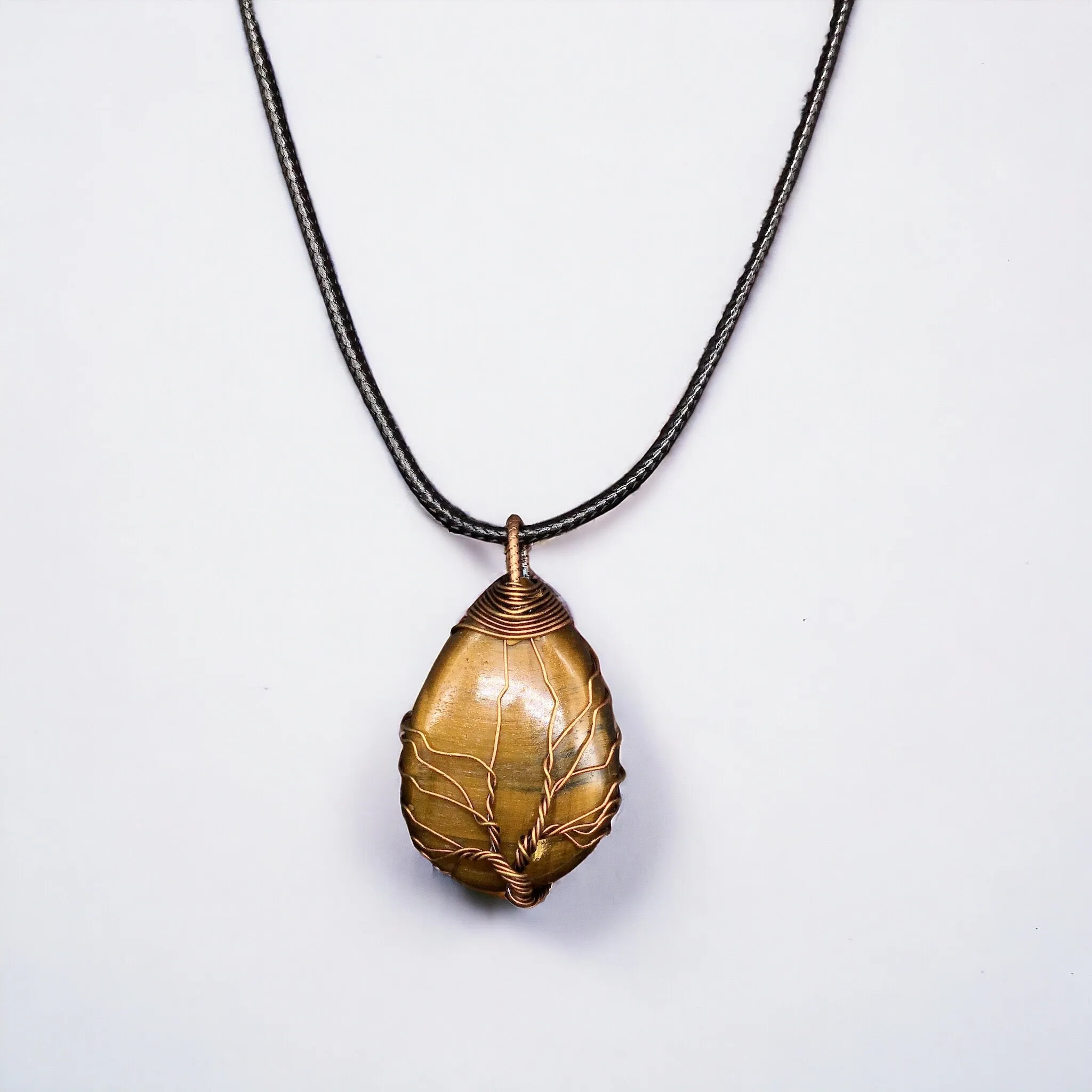 Brown Gemstone Pendant Wrapped w/ Gold Tree of Life