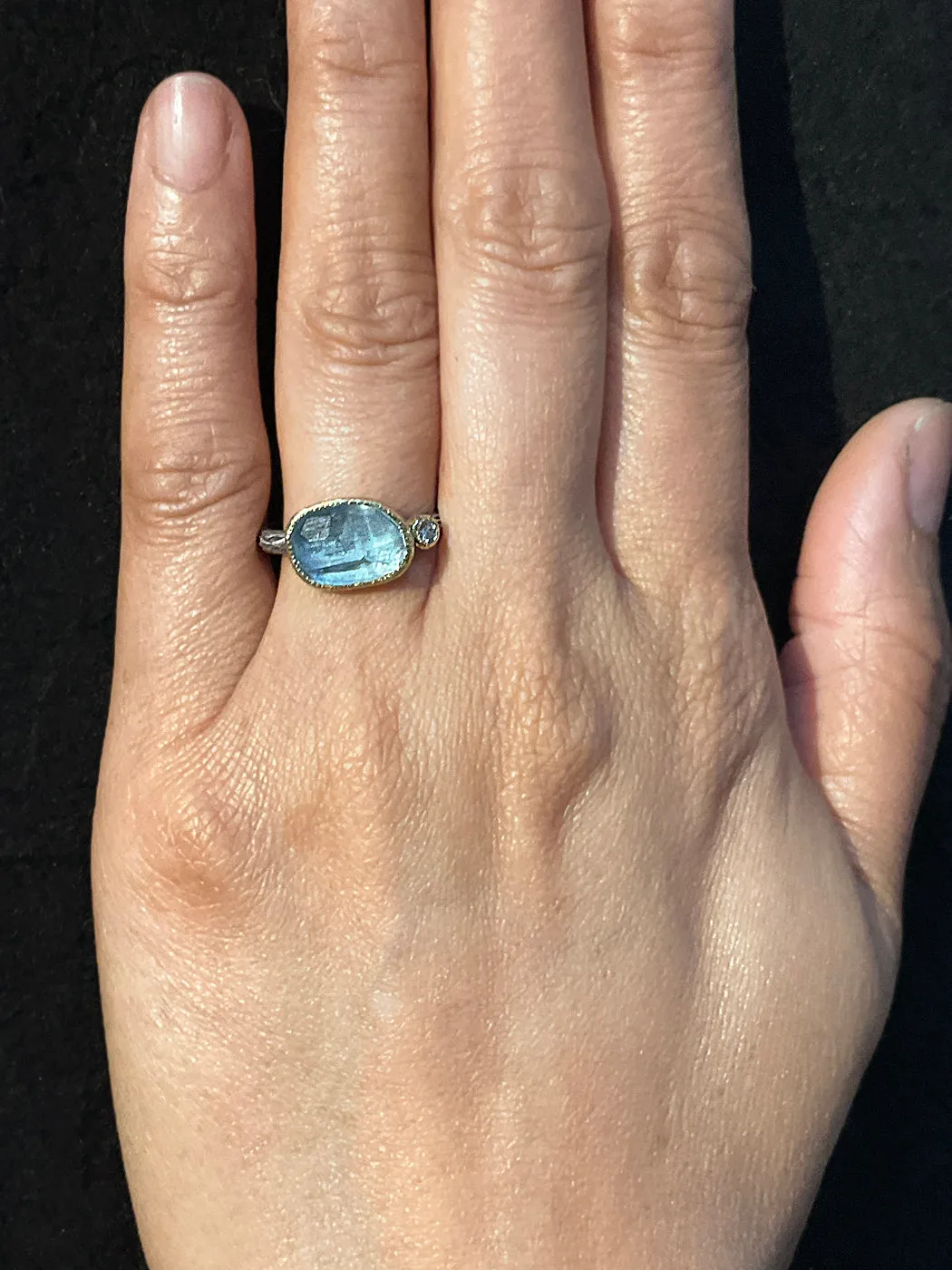 Cactus Texture Ring with Free-Form Aquamarine and Diamond