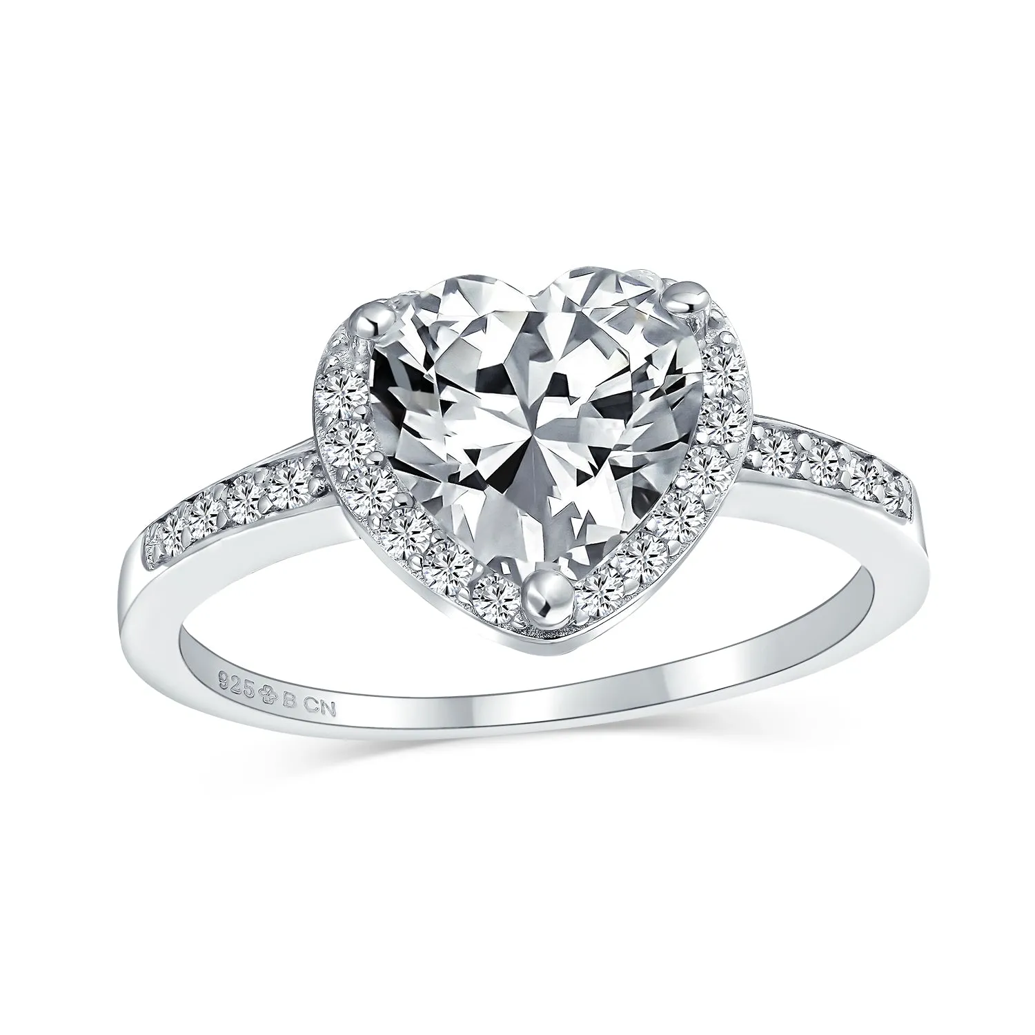 Classic 3CT Heart Shaped Engagement Ring with Pave CZ Band in Sterling Silver