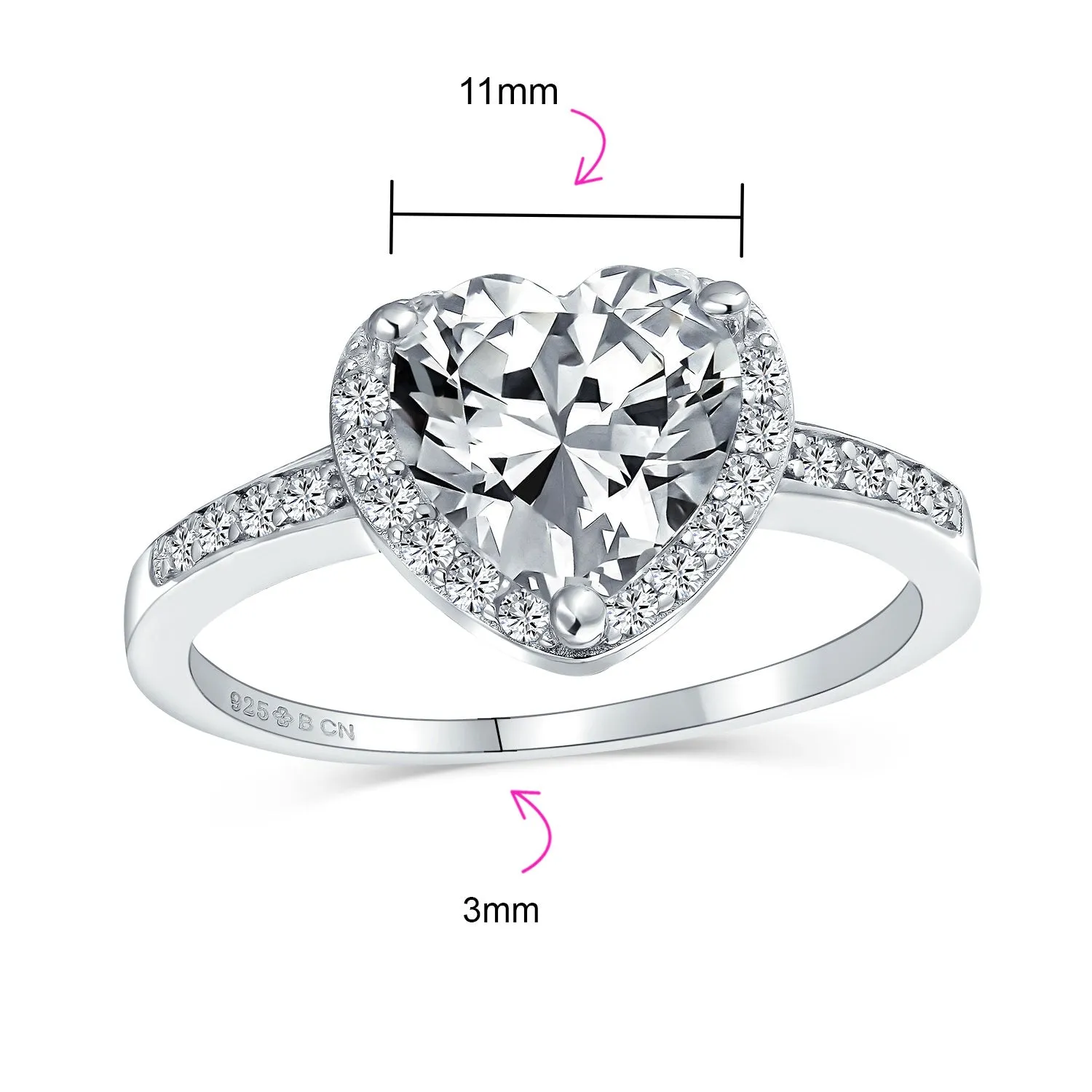 Classic 3CT Heart Shaped Engagement Ring with Pave CZ Band in Sterling Silver