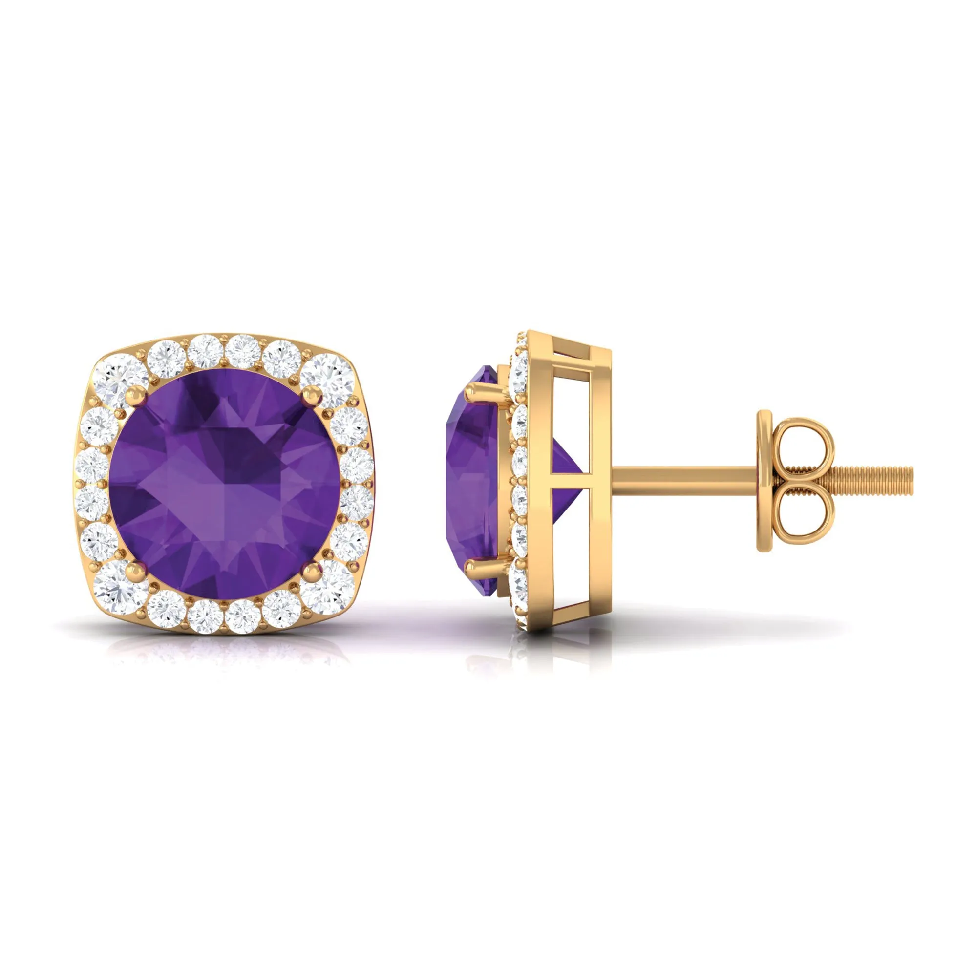 Classic Round Amethyst Halo Stud Earrings with Diamond