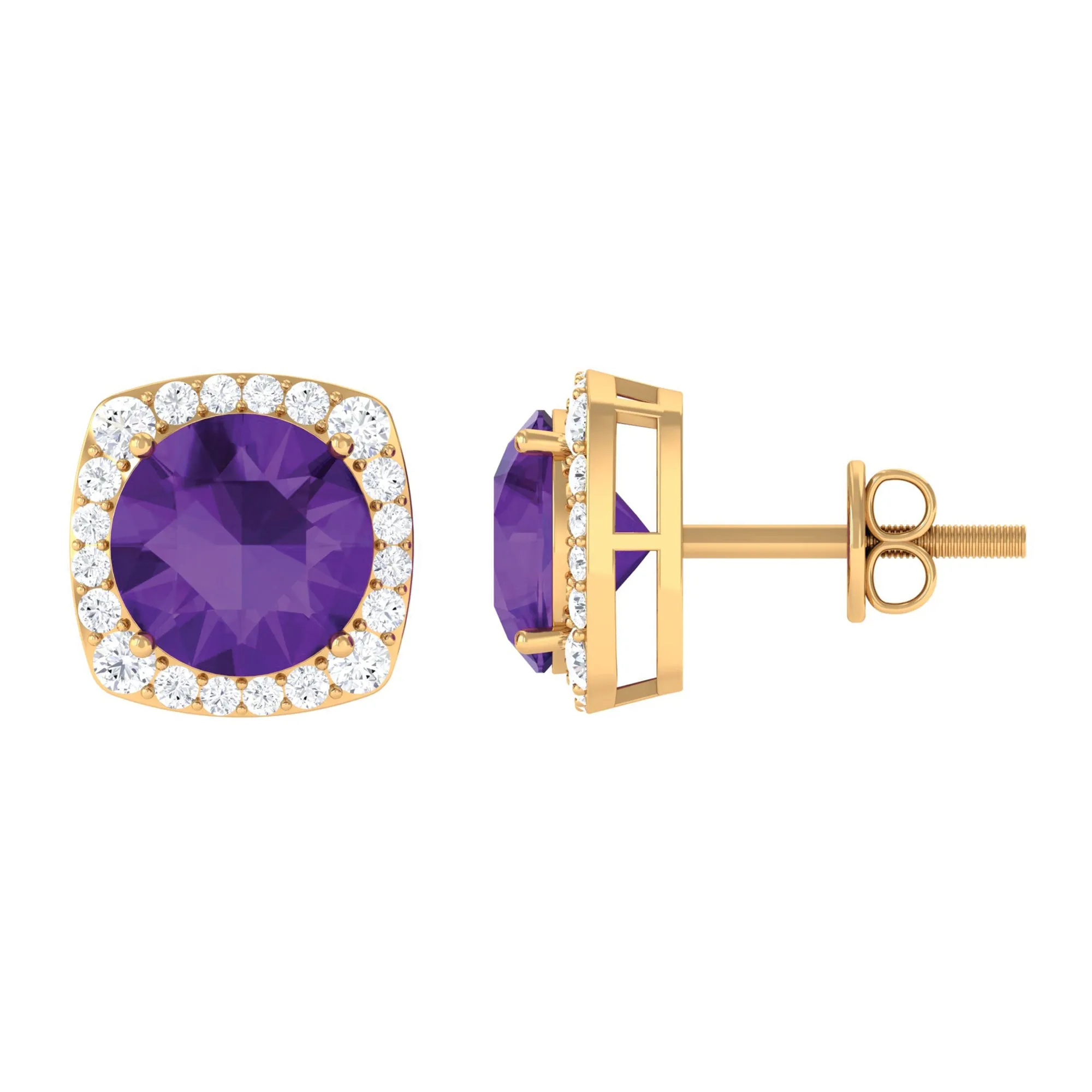 Classic Round Amethyst Halo Stud Earrings with Diamond