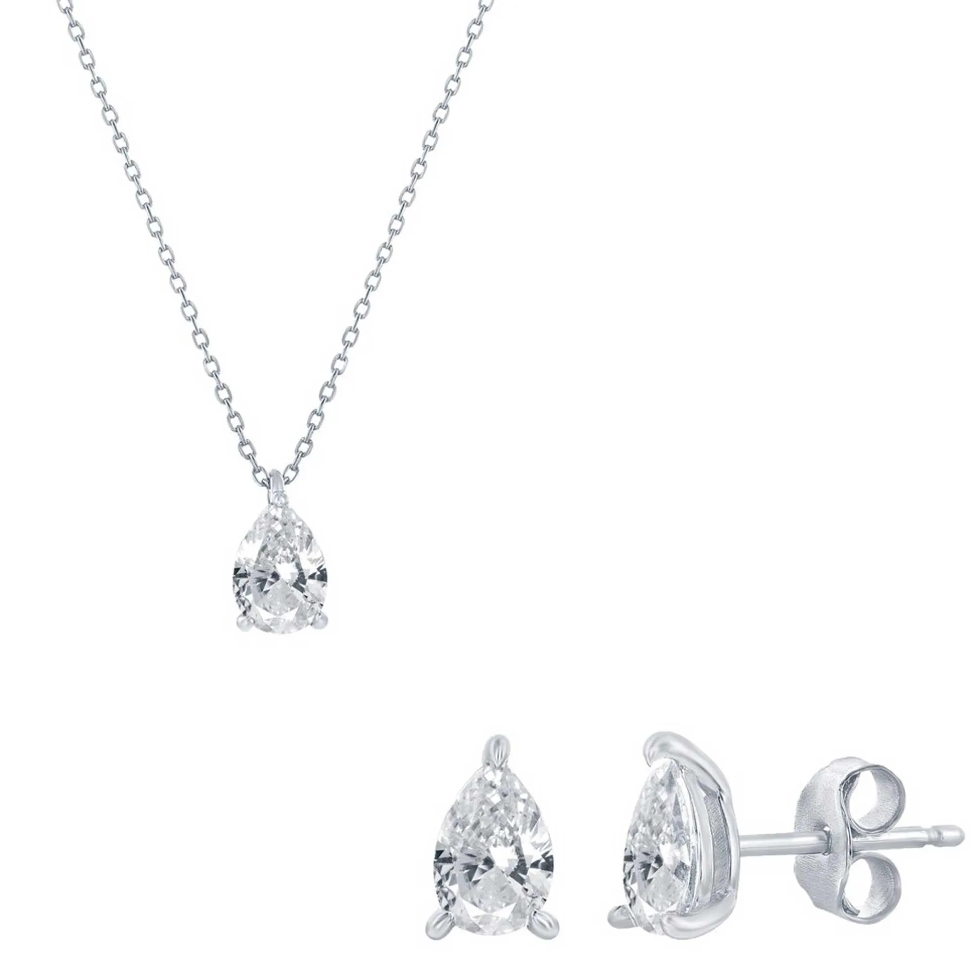 Classic Women's Necklace and Earrings Set - Silver Solitaire Pearshape CZ | SET-613