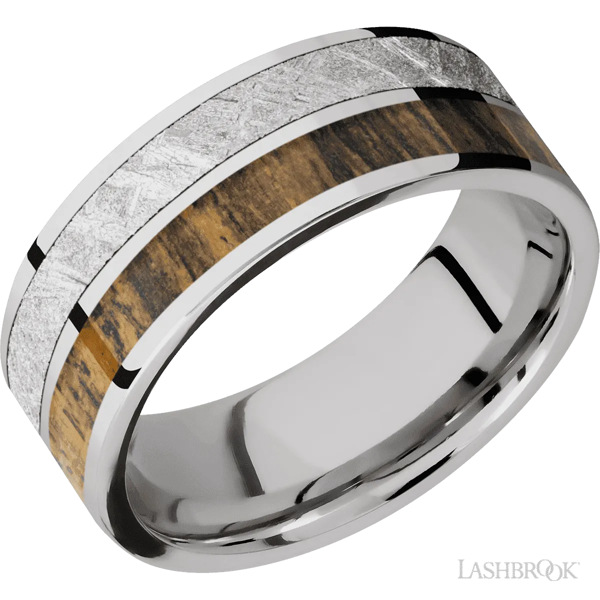 Cobalt Chrome flat band with a meteorite and hardwood inlays - 8MM