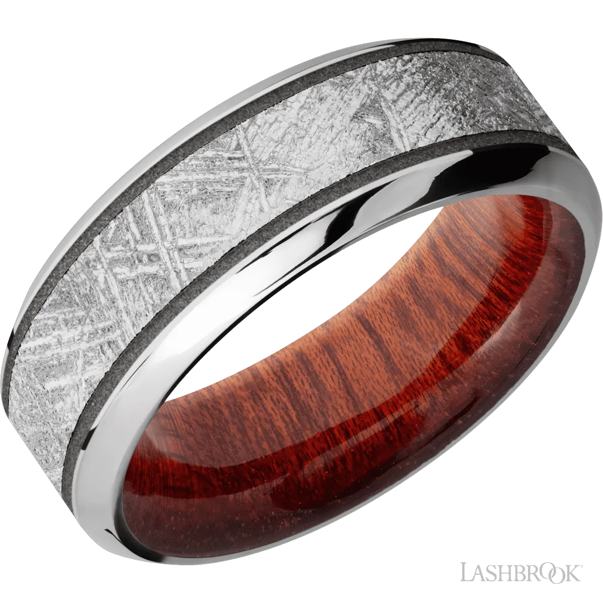 Cobalt Chrome with Polish , Polish Finish and Meteorite Inlay and Blood Wood - 8MM