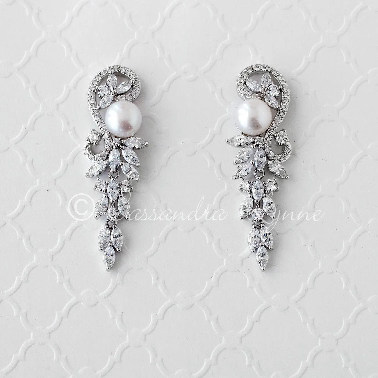 Cultured Pearl and CZ Wedding Earrings