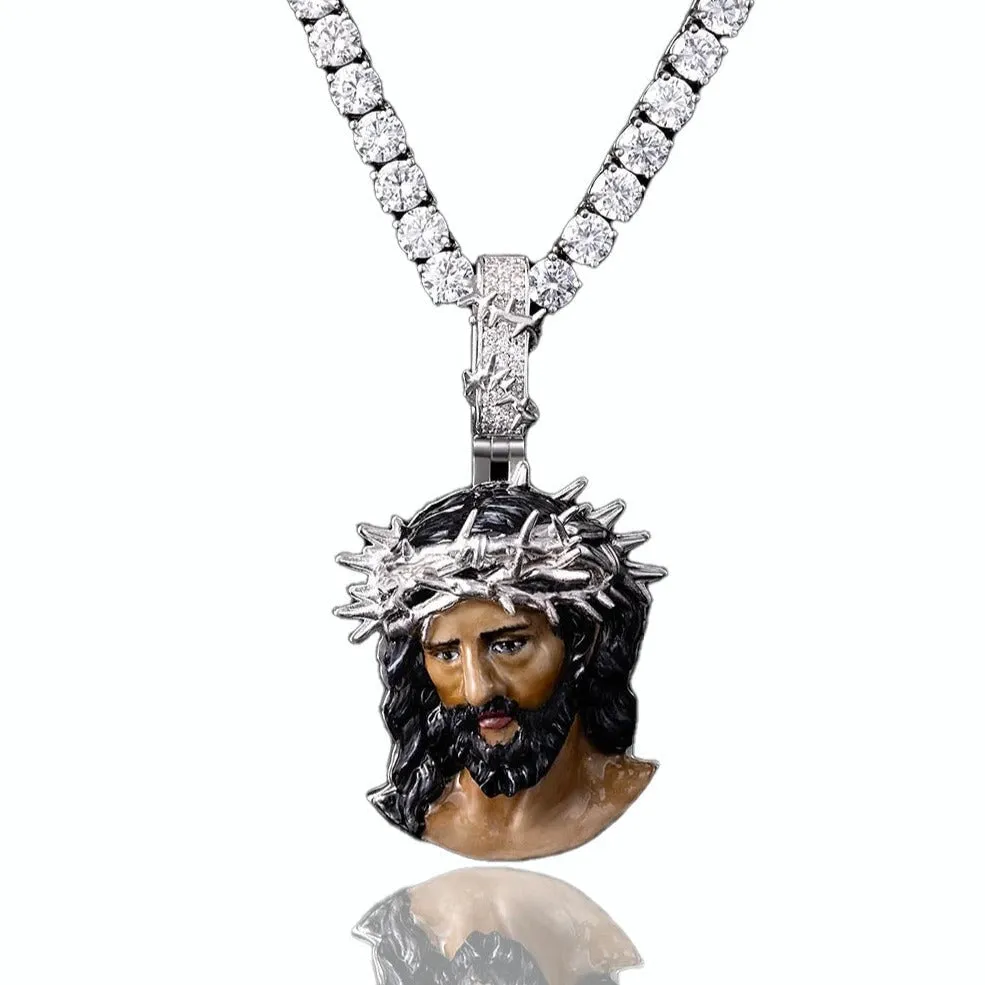 Custom Enamel Jesus Crown of Thorn Pendant in 925 Sterling Silver