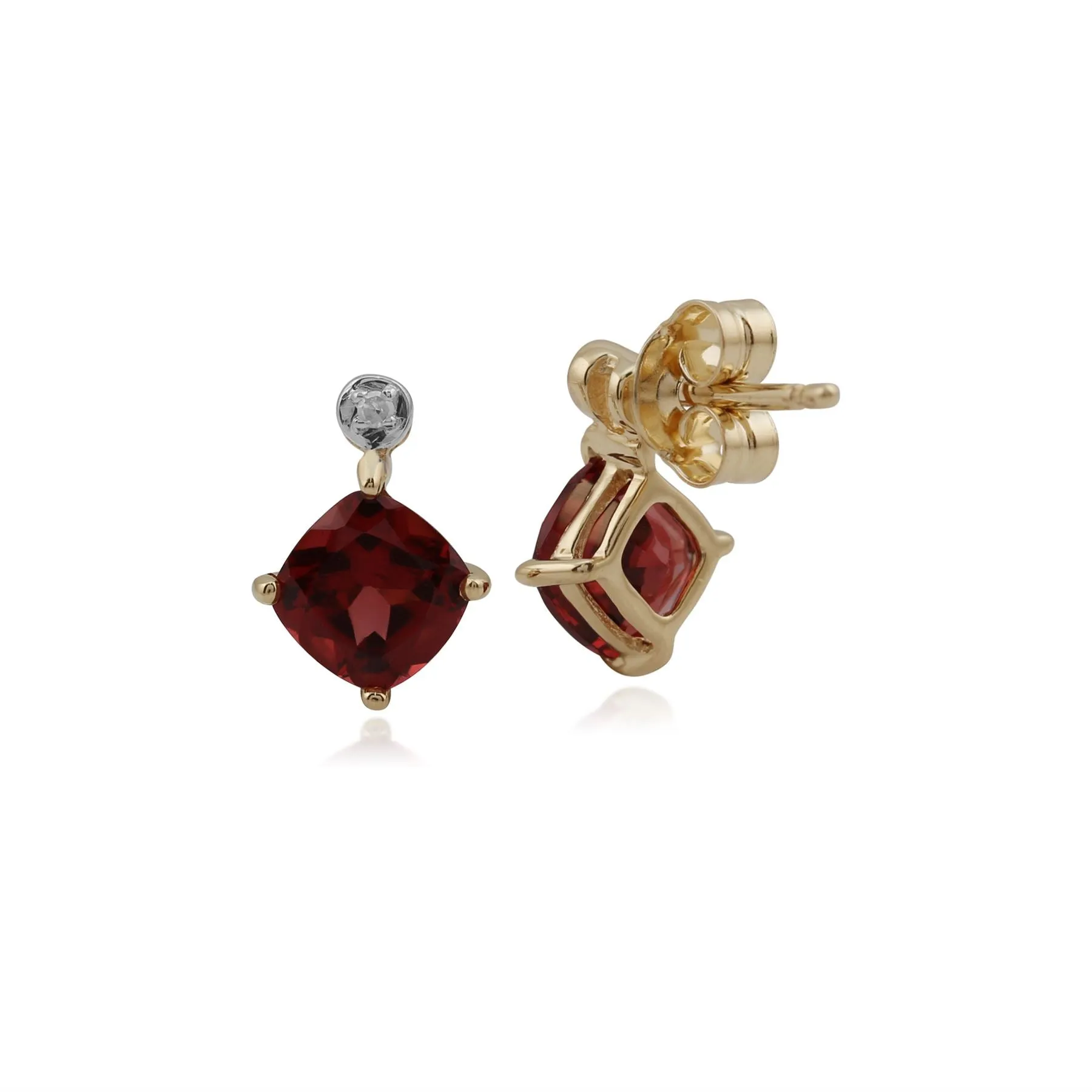 Damen 375 Gold 9 Karat Gelbgold Quadratische Kissen Granat & Diamant Ohrstecker Rot