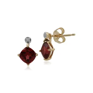 Damen 375 Gold 9 Karat Gelbgold Quadratische Kissen Granat & Diamant Ohrstecker Rot