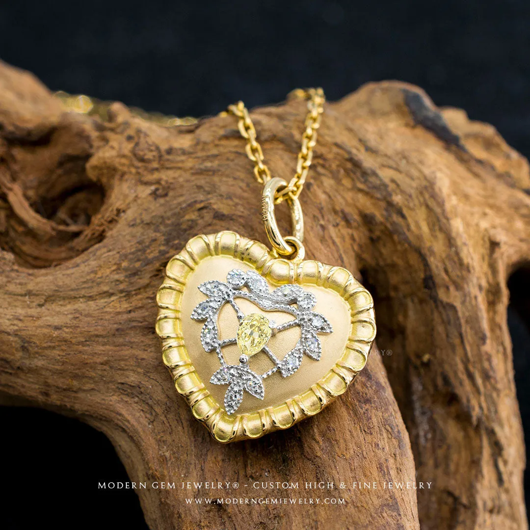 Fancy Yellow Diamond Heart Shape Yellow Gold Pendant (Free Silver Necklace)