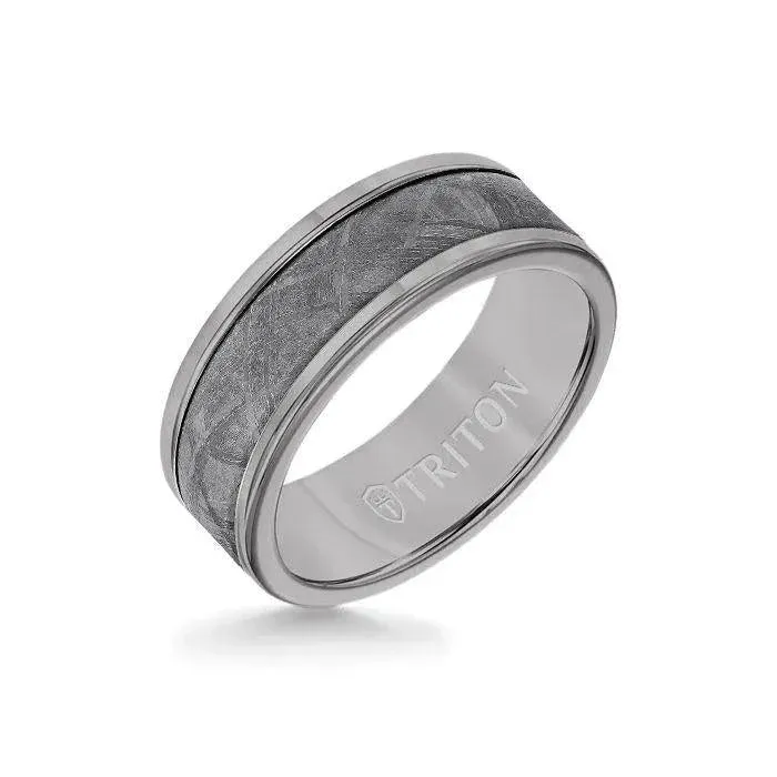 FERDIA Round Edge Meteorite Insert Gray Tungsten Wedding Band - 8mm