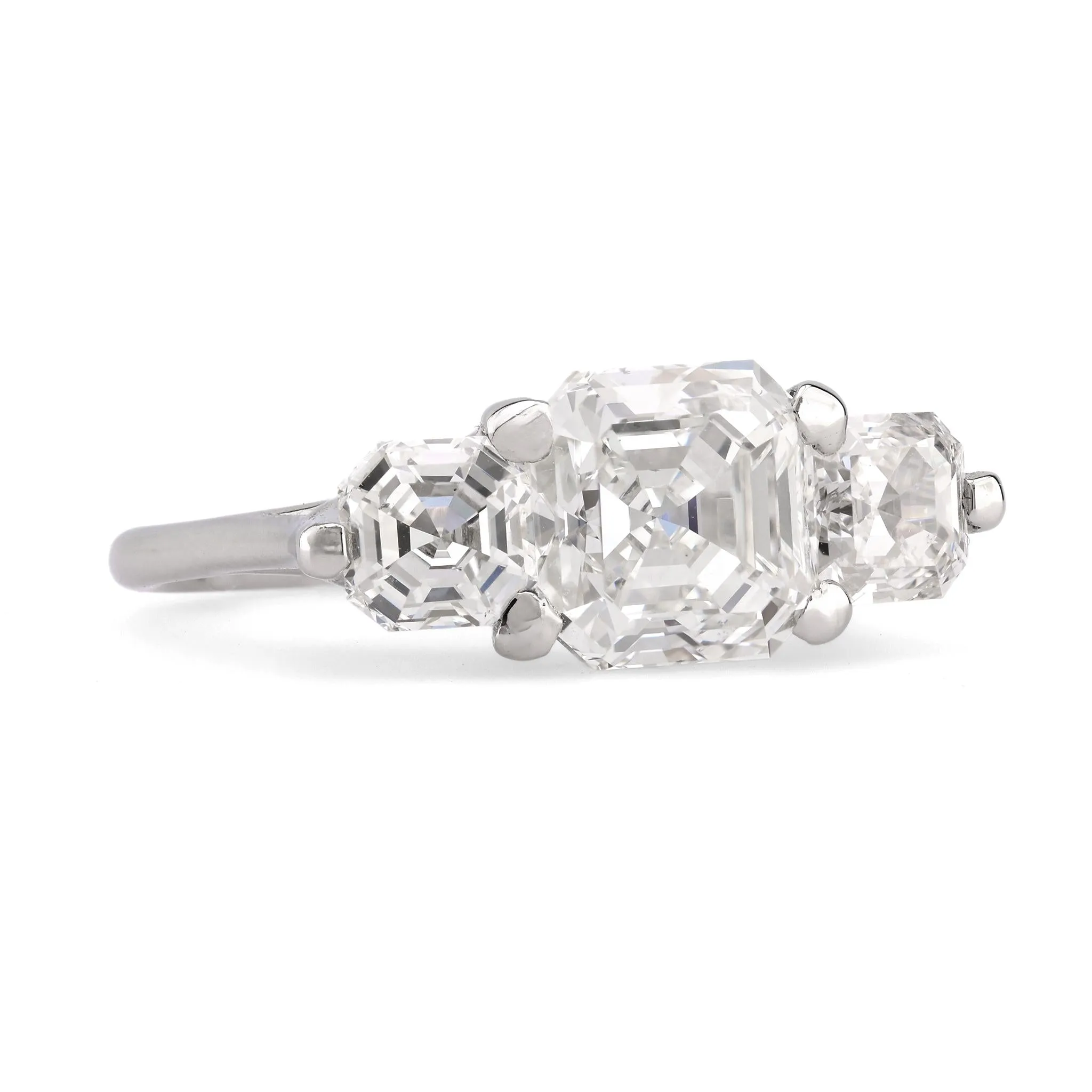 GIA 4 Carat Asscher Cut Diamond Platinum Three Stone Ring