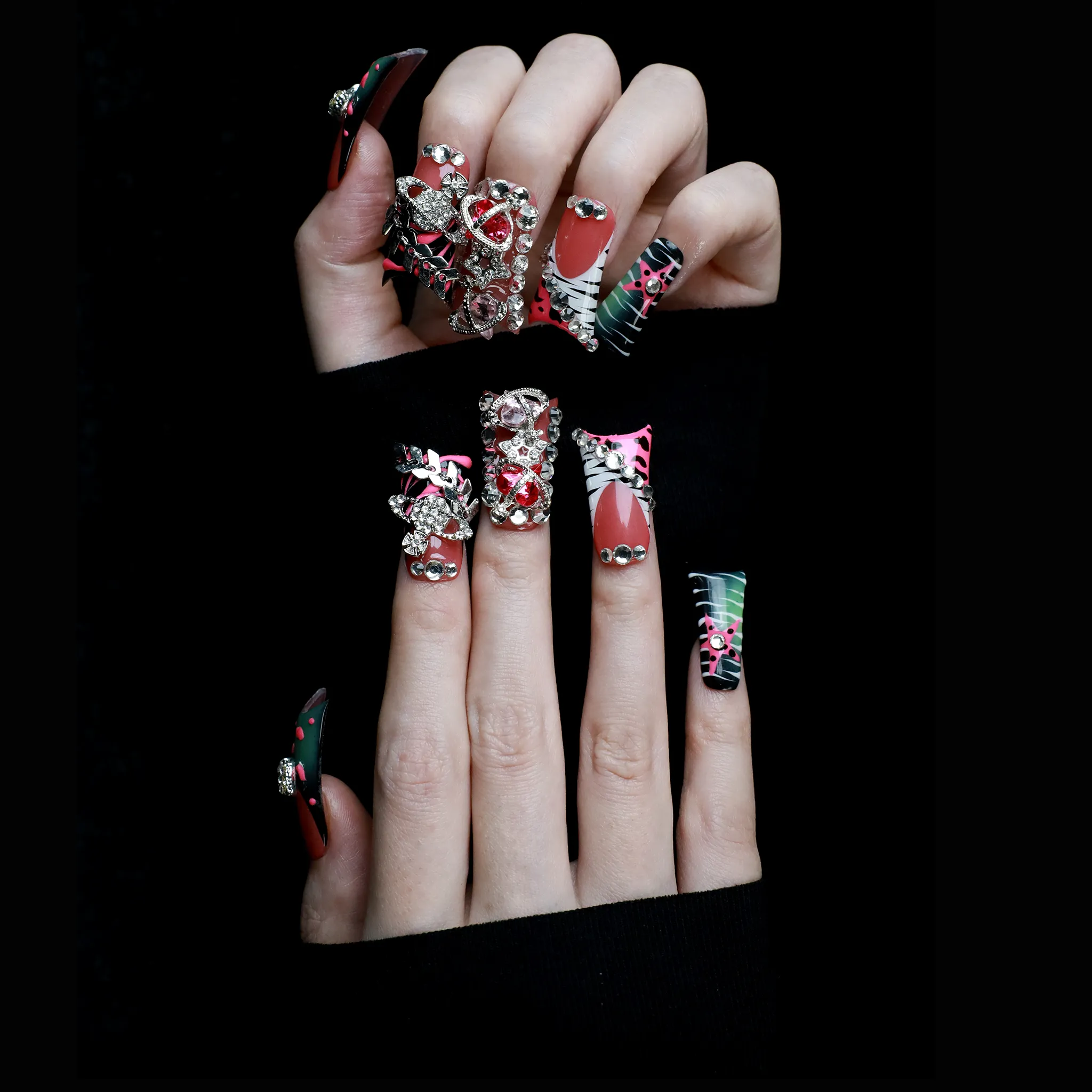 Glam Jungle Luxe 3D Long Duck Press-On Nails with Rhinestones, Animal Print & Neon Pop,  Handmade Nail, Gel Nails, Glue on Nail