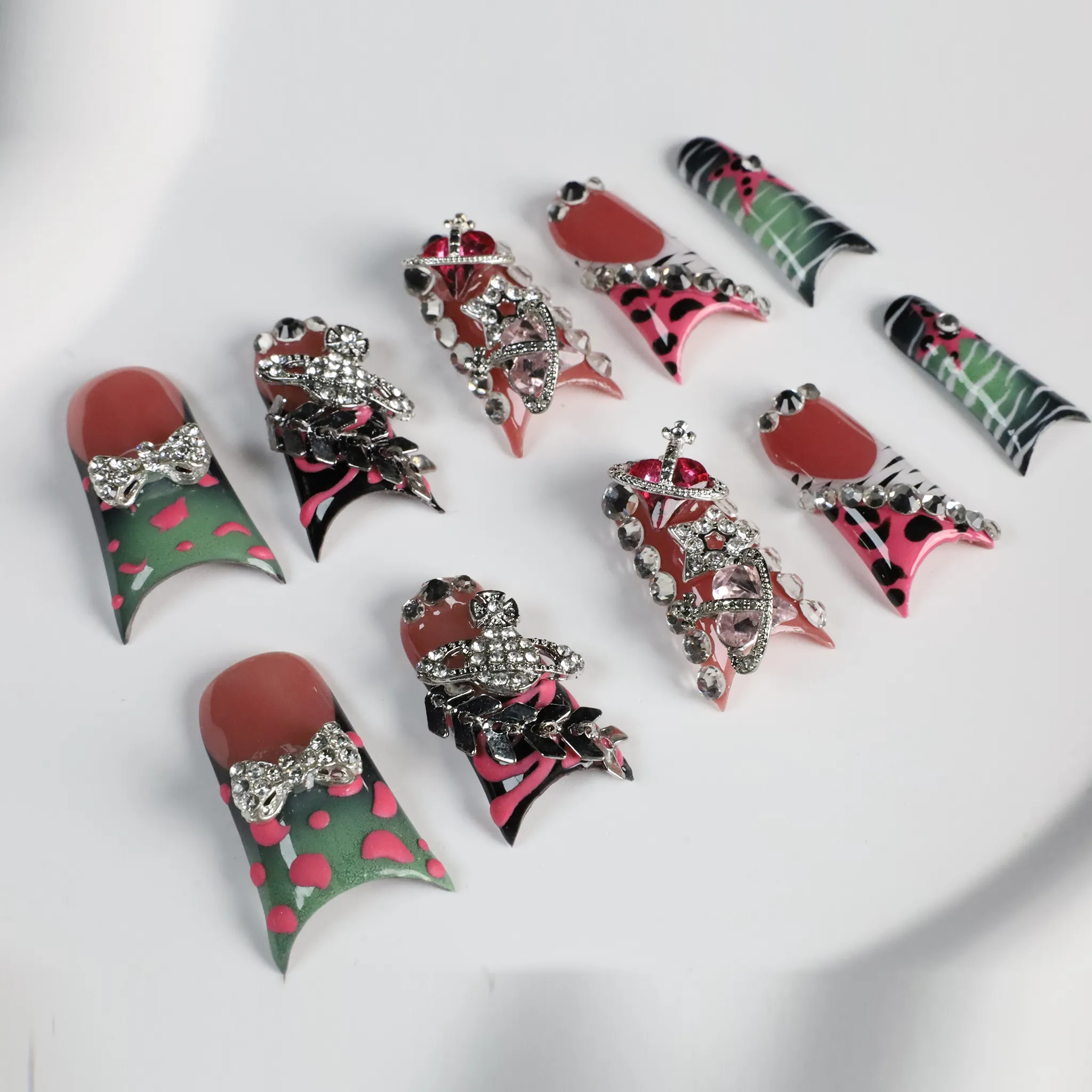 Glam Jungle Luxe 3D Long Duck Press-On Nails with Rhinestones, Animal Print & Neon Pop,  Handmade Nail, Gel Nails, Glue on Nail