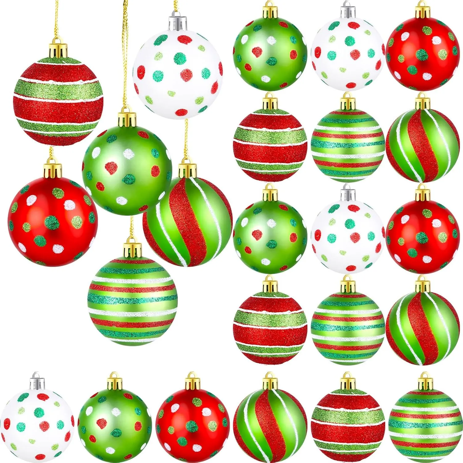 Glittering Plastic Christmas Tree Ball Ornaments - Shatterproof Swirl Candy Cane Balls - Holiday Party Decorations (24 Pcs)