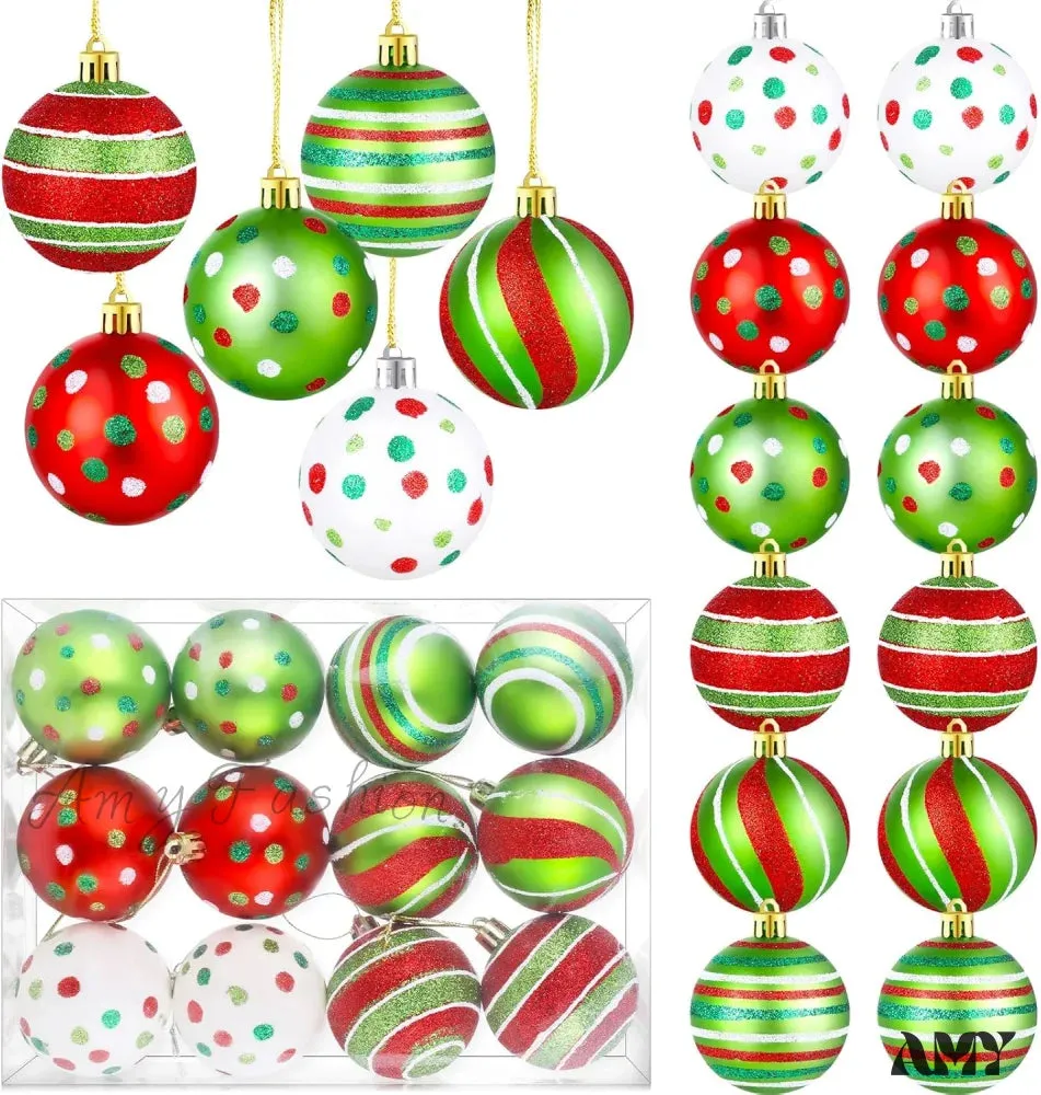 Glittering Plastic Christmas Tree Ball Ornaments - Shatterproof Swirl Candy Cane Balls - Holiday Party Decorations (24 Pcs)