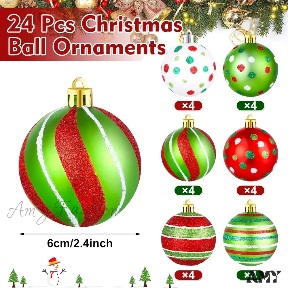 Glittering Plastic Christmas Tree Ball Ornaments - Shatterproof Swirl Candy Cane Balls - Holiday Party Decorations (24 Pcs)