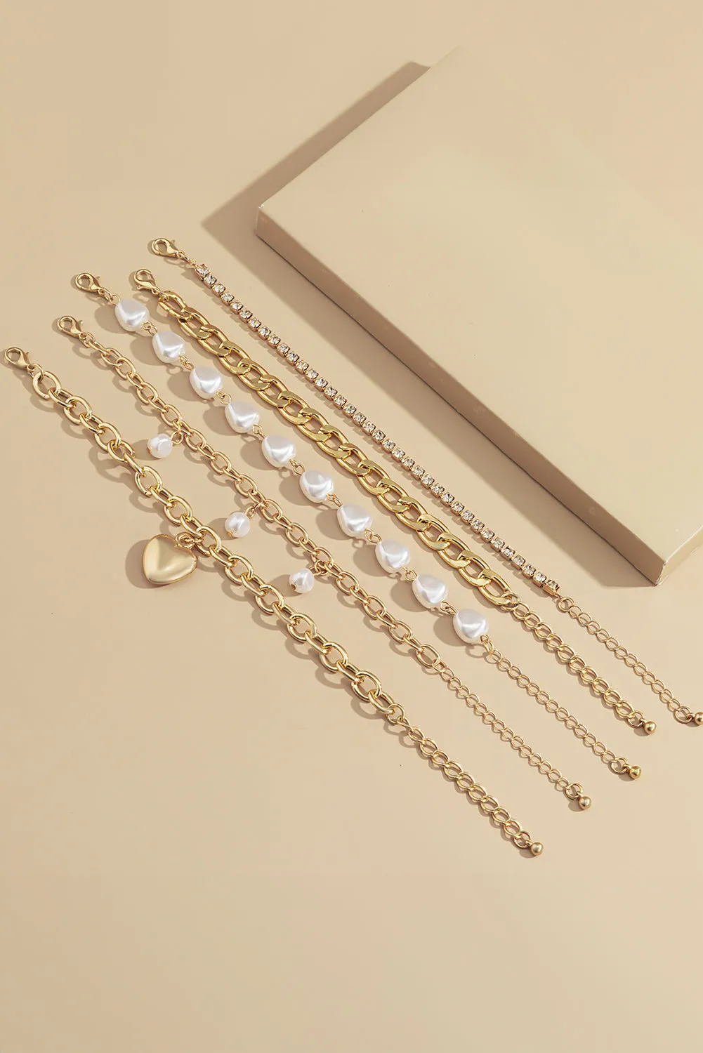 Gold 5Pcs Pearl Heart Diamond Bracelet Set