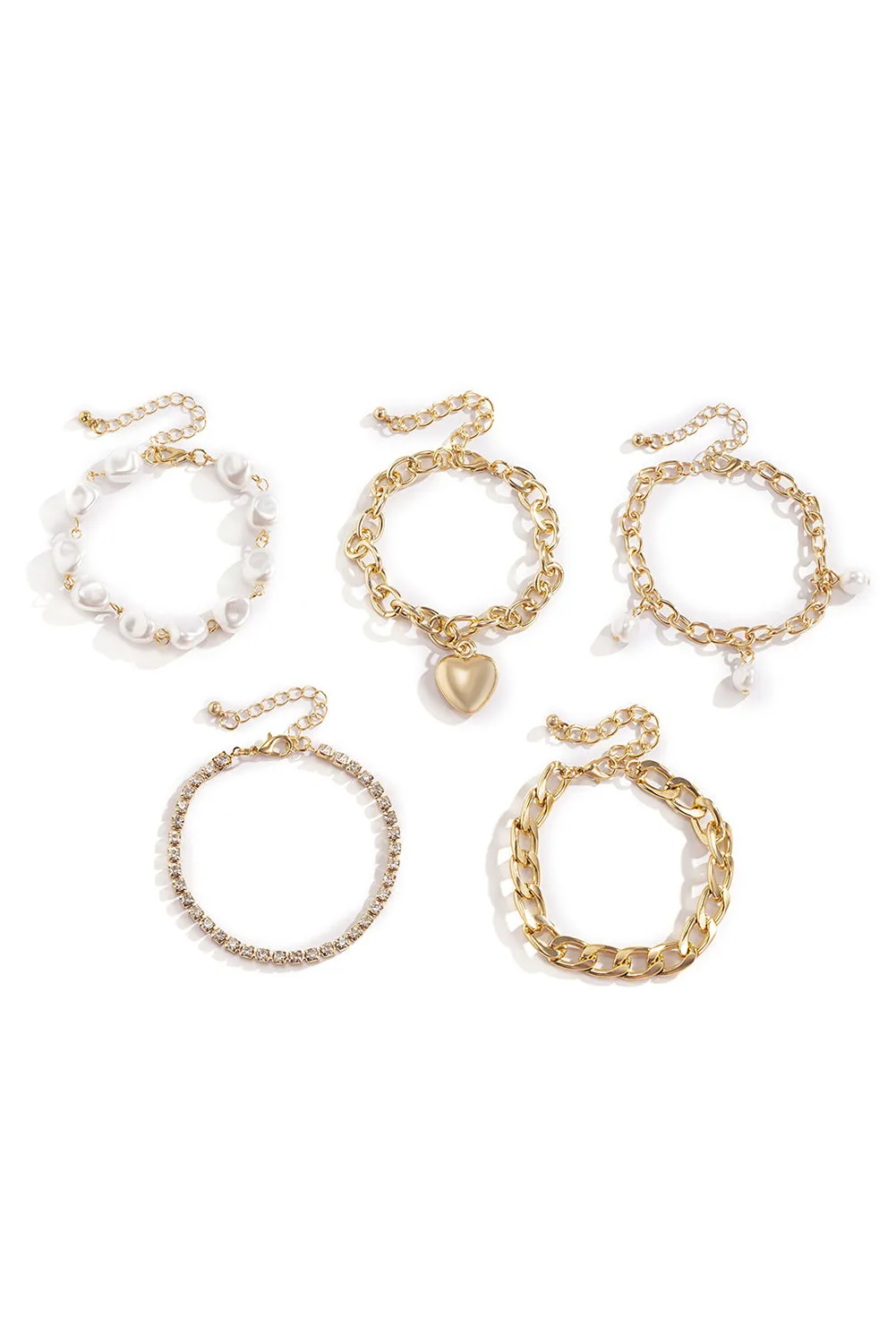 Gold 5Pcs Pearl Heart Diamond Bracelet Set