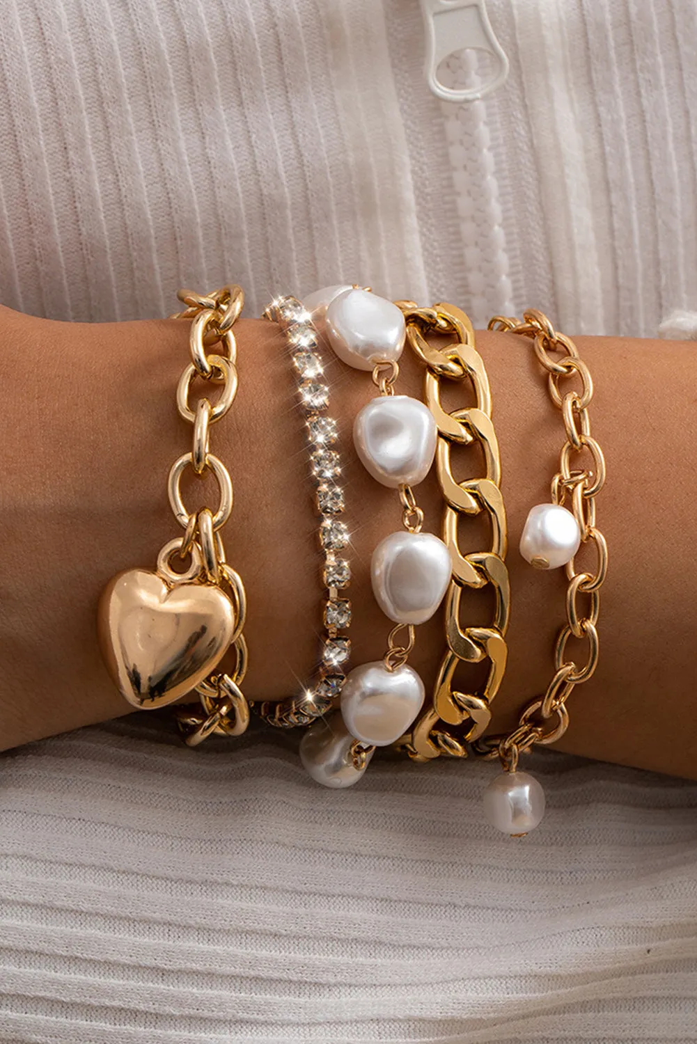 Gold 5Pcs Pearl Heart Diamond Bracelet Set