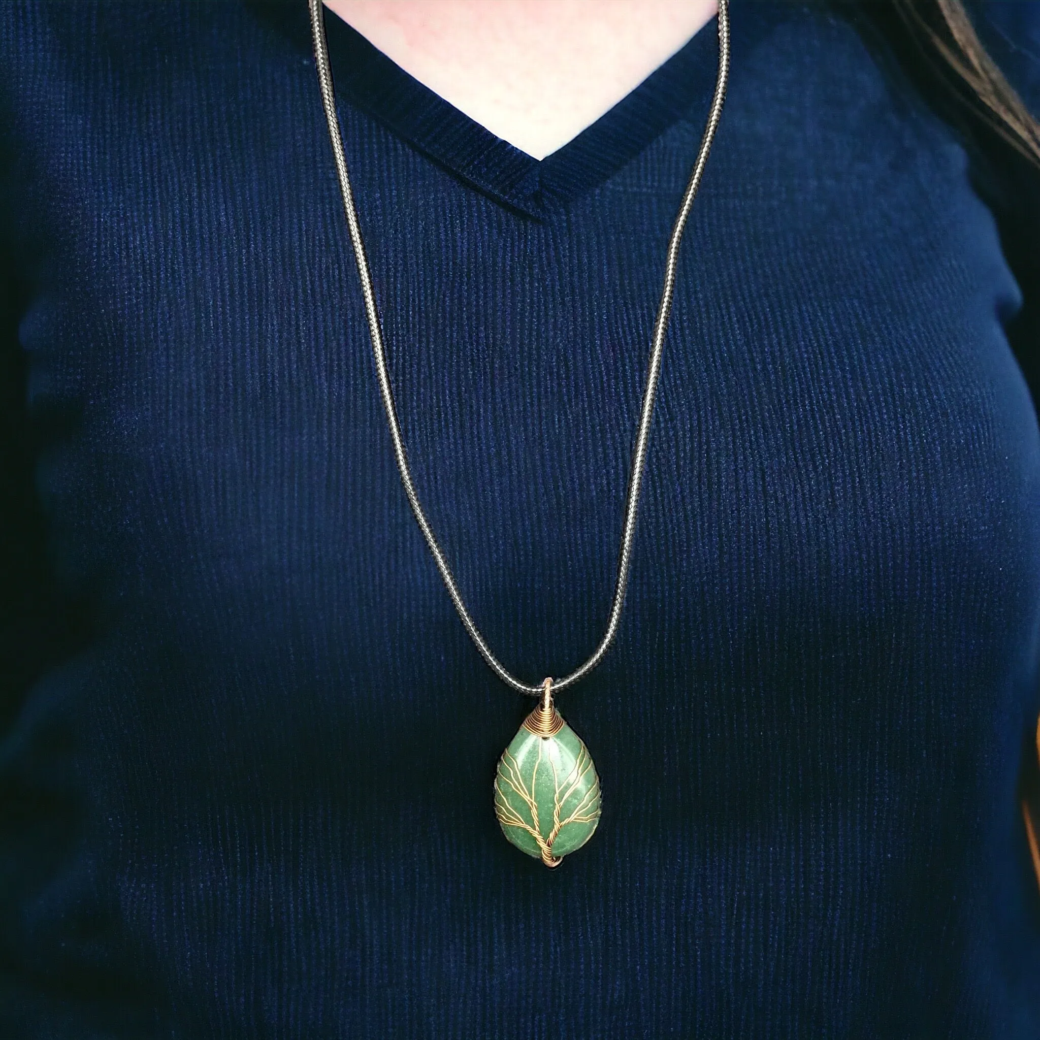 Green Gemstone Pendant Wrapped w/ Copper Tree of Life