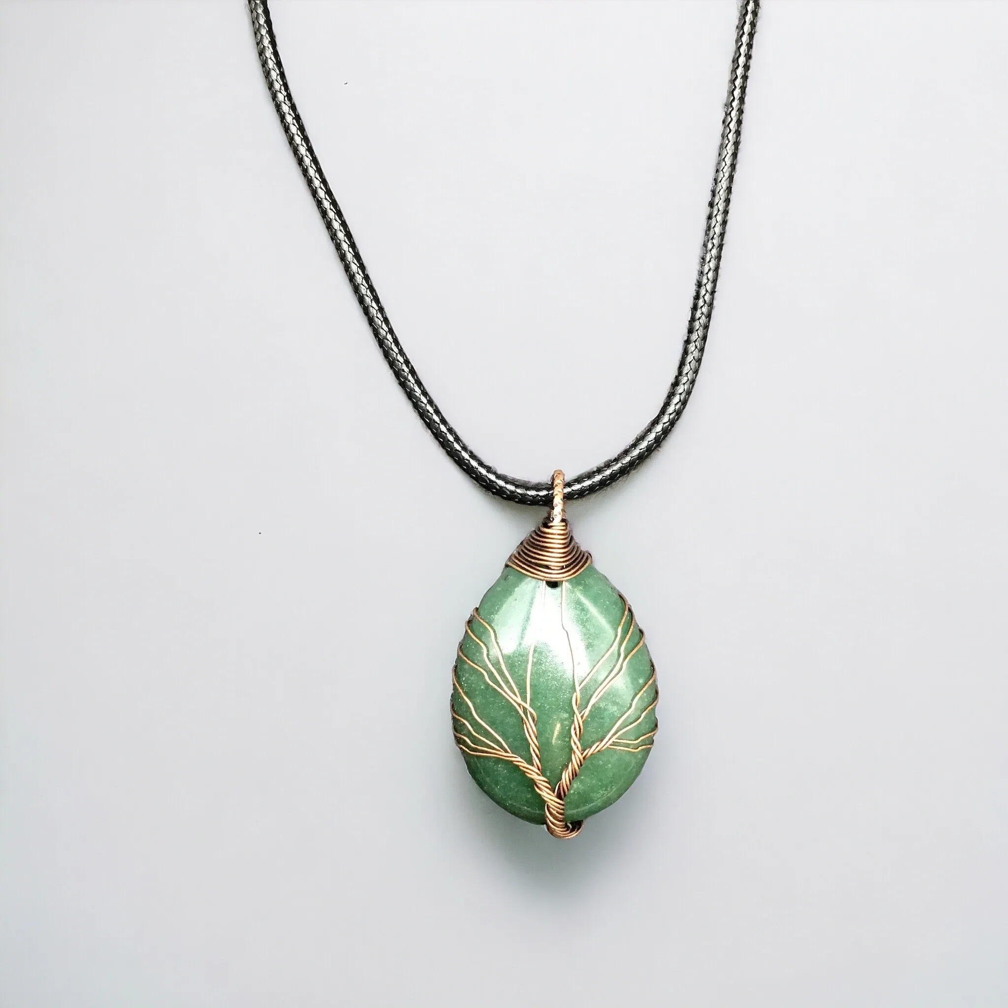 Green Gemstone Pendant Wrapped w/ Copper Tree of Life