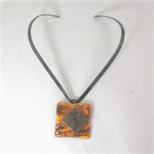 Gunmetal Choker with Handmade Orange Wash Raku Glazed Pendant