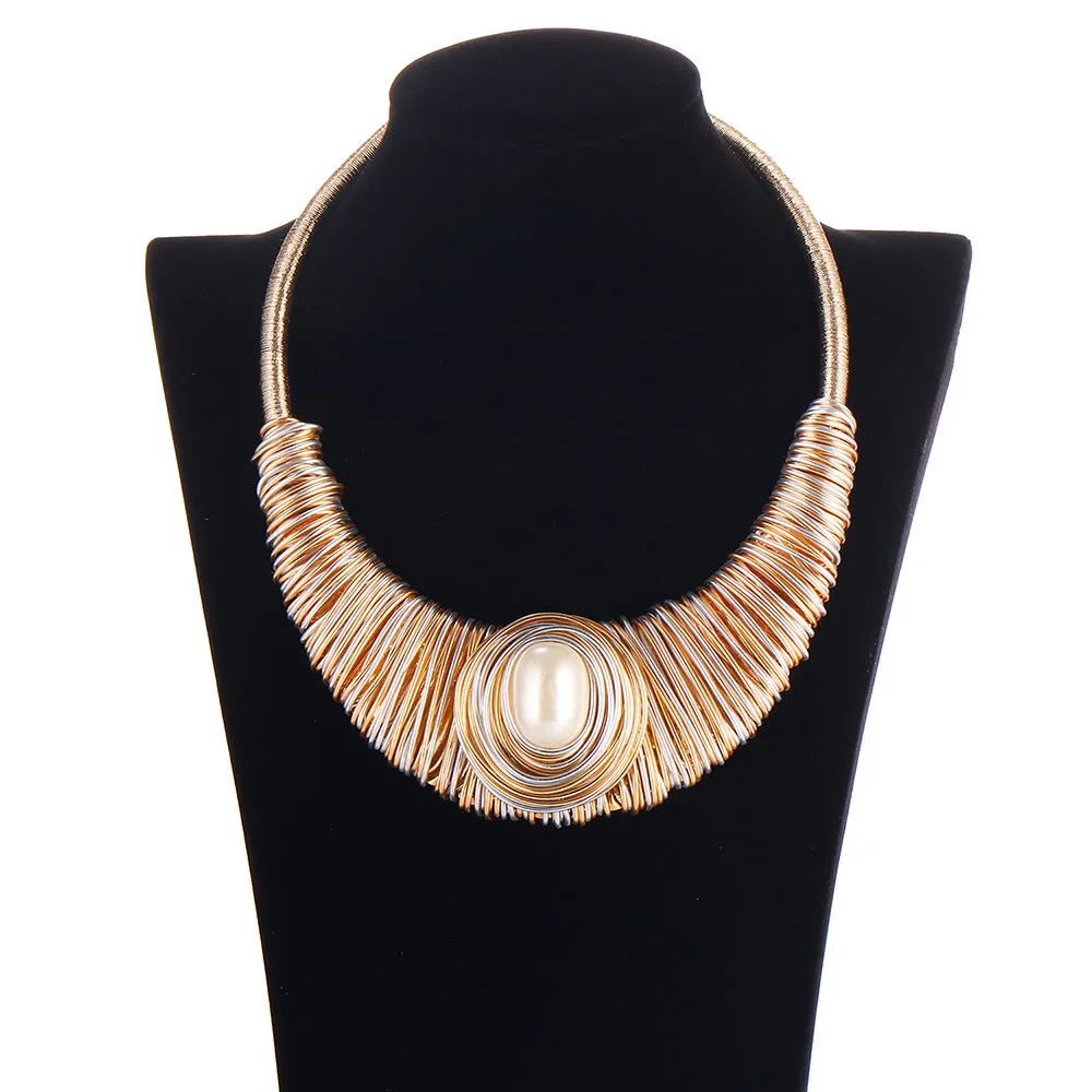 Handcrafted Aluminum Bar Weave Necklace with Pearl Glass Pendant and Collar Style