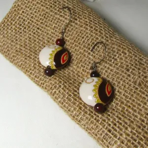 Handmade Ivory, Black & Red Paisley Ceramic Earrings  Golem