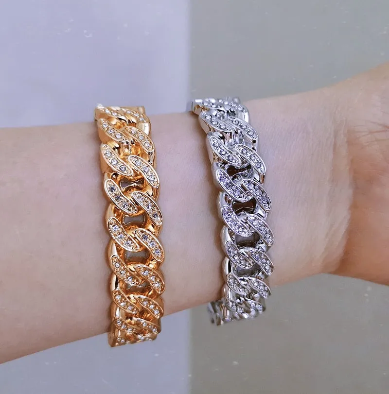 Hip Hop Jewelry Miami Cuban Bangle Bracelet for Women with  Rhinestone in Gold Color