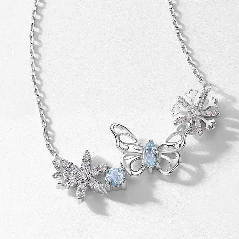 Hollow Butterfly Zircon Snowflake Sterling Silver Necklace