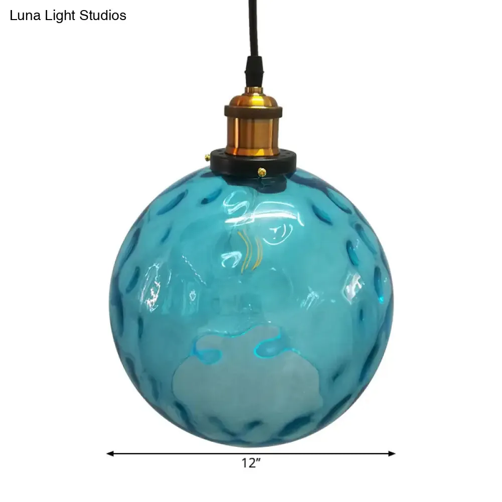 Industrial Globe Pendant Light - Blue Dimpled Glass Hanging Lamp (8"/10"/12" Wide)