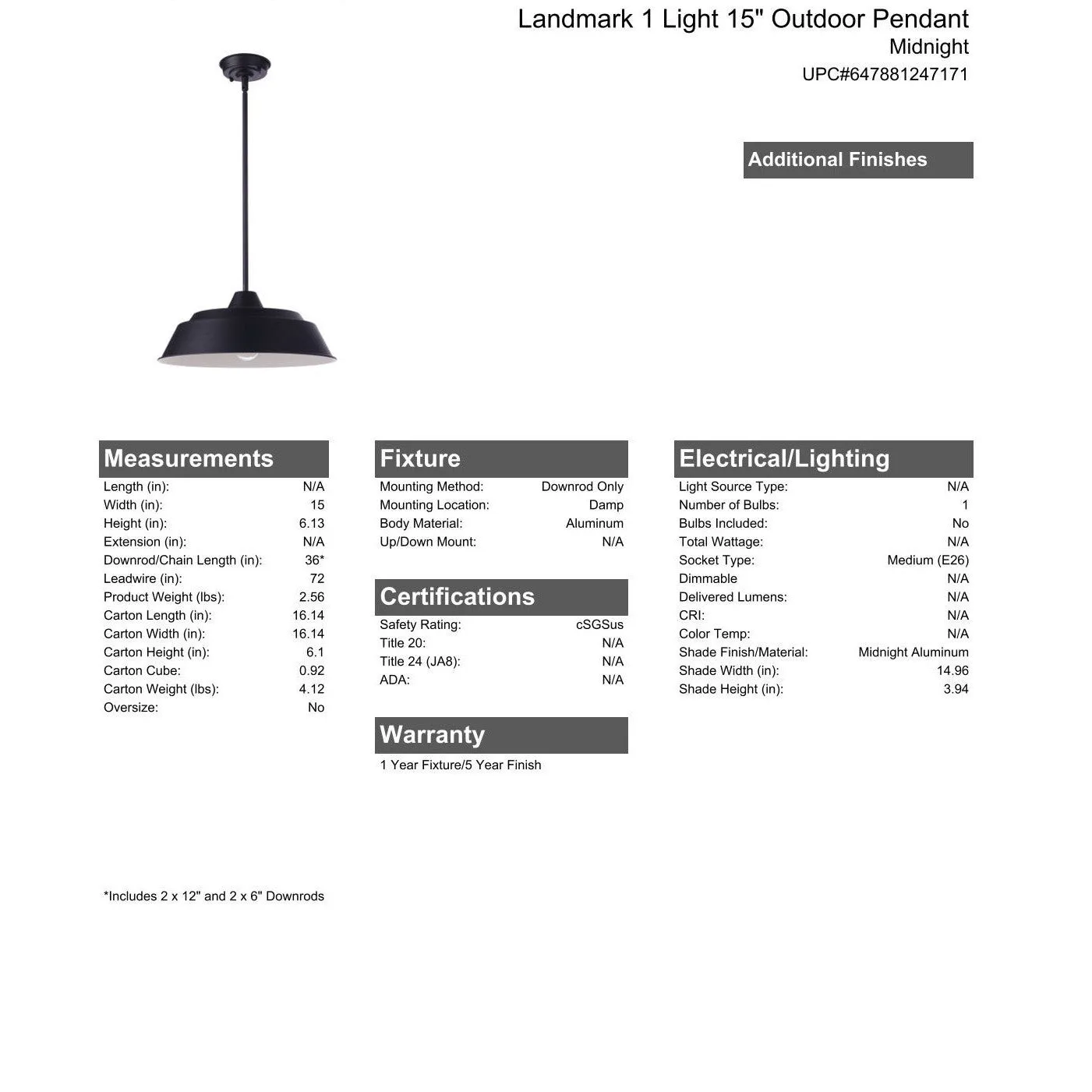 Landmark 1 Light 15" Outdoor Pendant in Midnight