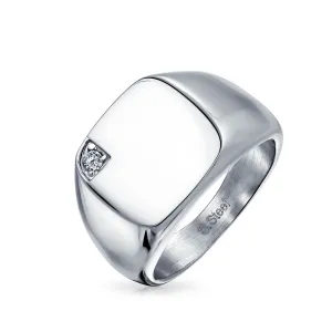 Mens Stainless Steel Square Signet Ring with CZ Accent and Monogram Initials