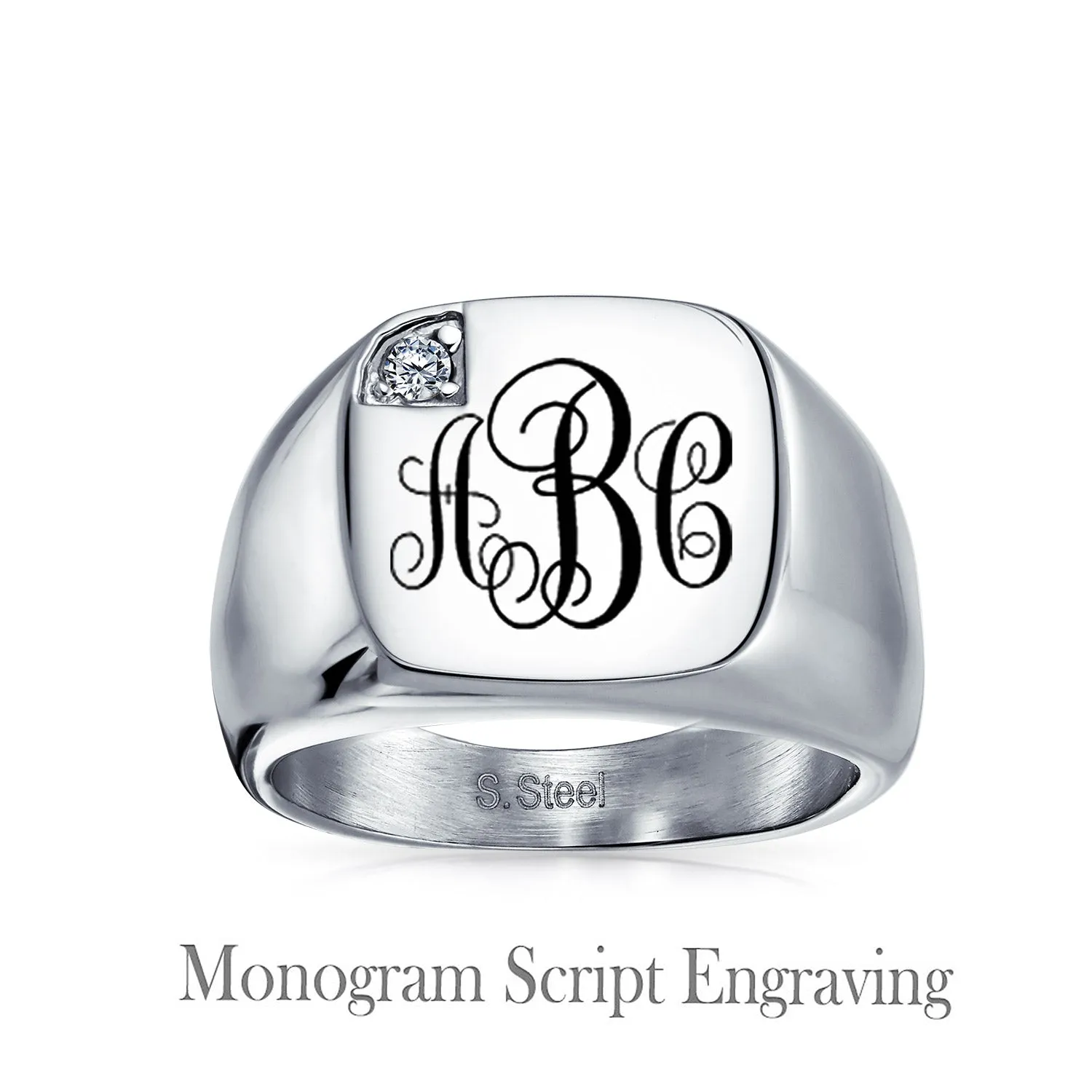 Mens Stainless Steel Square Signet Ring with CZ Accent and Monogram Initials