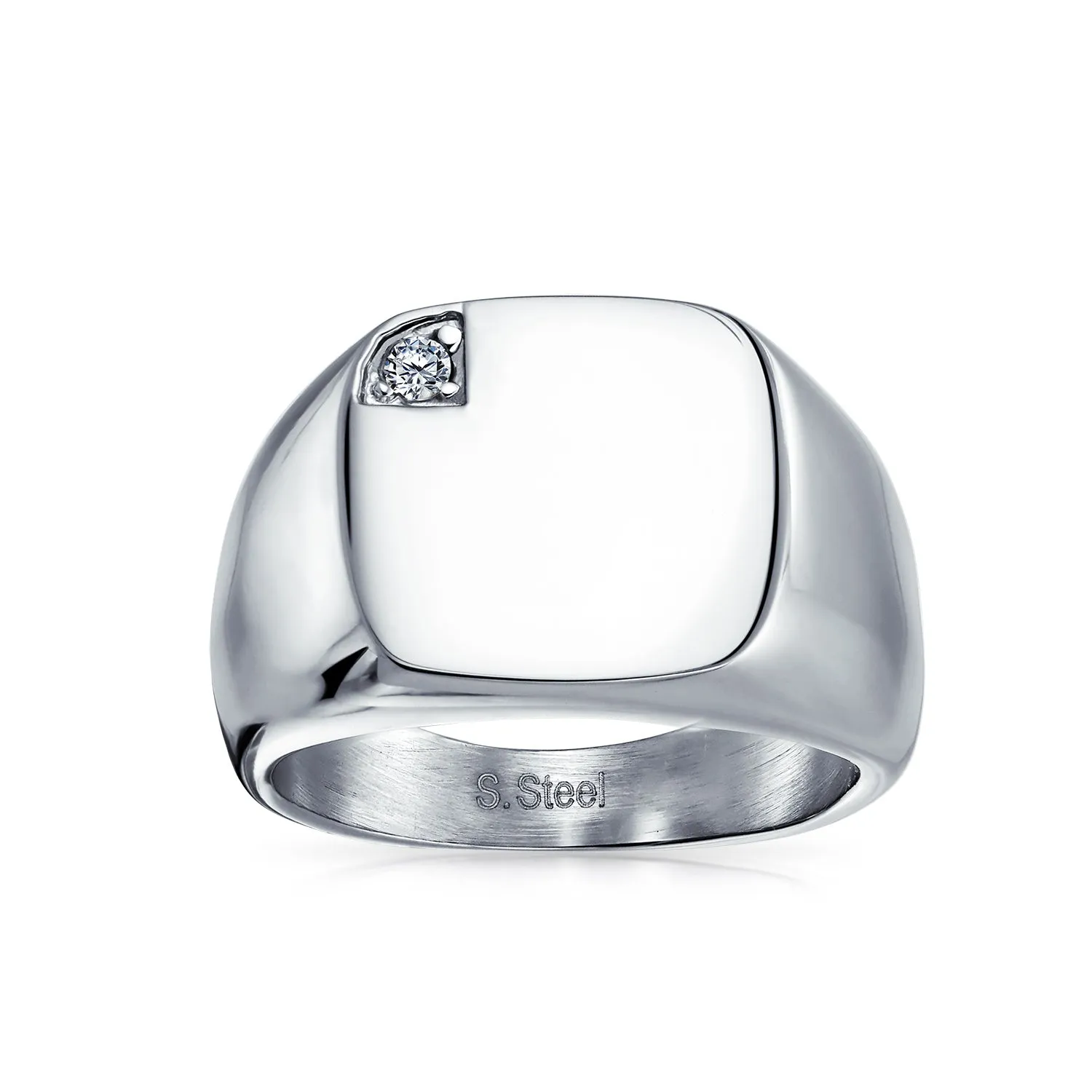 Mens Stainless Steel Square Signet Ring with CZ Accent and Monogram Initials