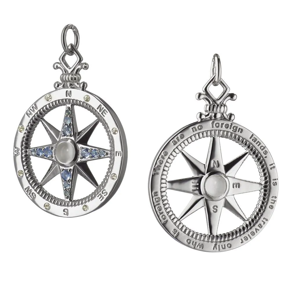 Monica Rich Kosann Global Compass Travel Charm Necklace Pendant in Silver with Sapphires