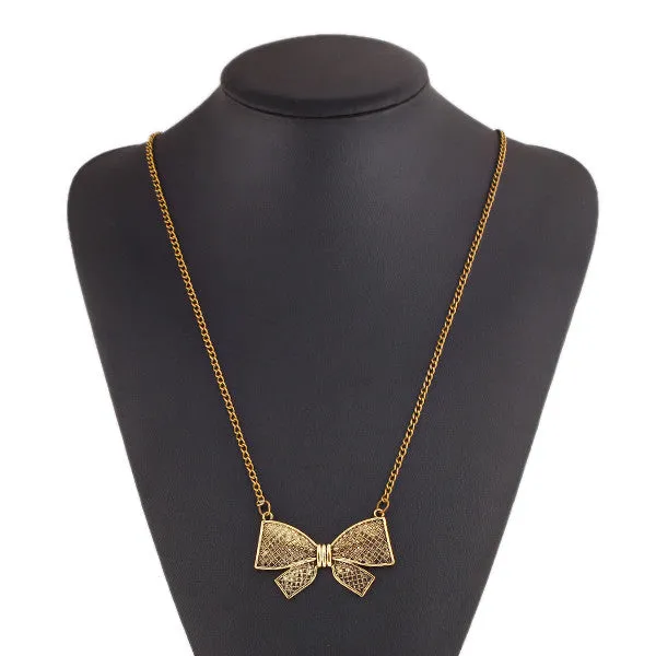 New Arrival Fashion Vintage punk Metal Bow Pendant Necklace Flower long Chain Necklace Statement jewelry for women