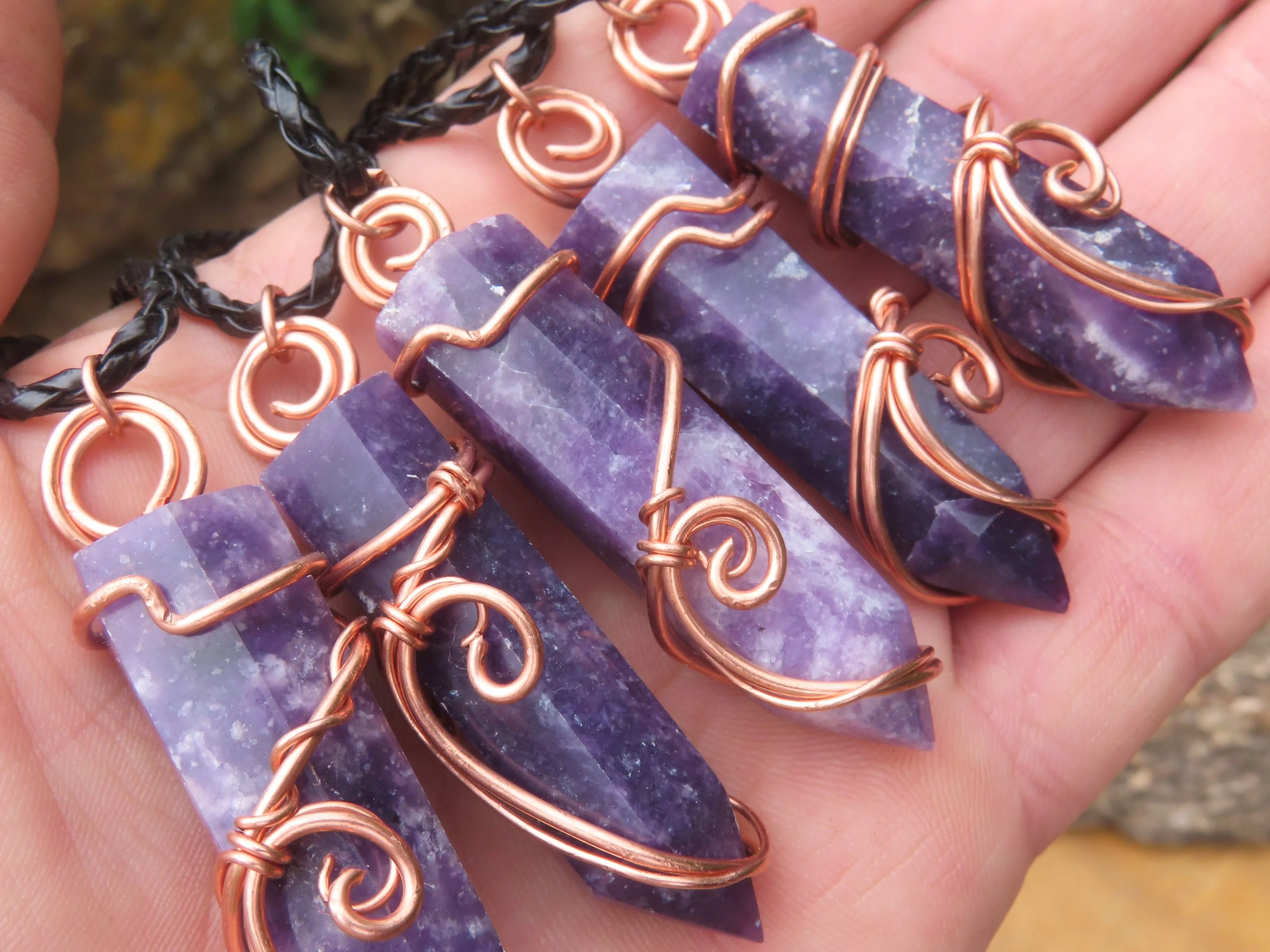 Polished Lepidolite Crystal In Copper Art Wire Wrap With Thong - sold per piece From Zimbabwe